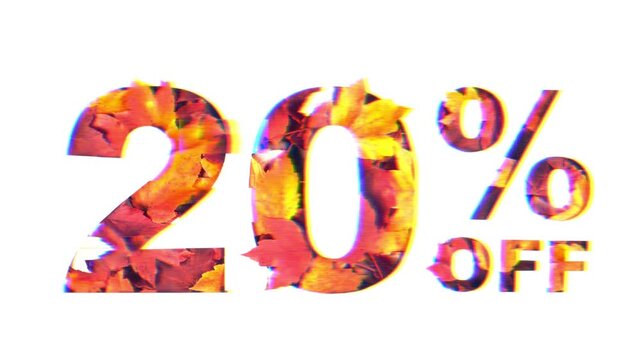 Autumn sale pixelated glitched 20 percent off text with texture of yellow autumn fall leaves isolated on white background. Retro futuristic fall retro Glitch TV Static pixel Noise banner animation 