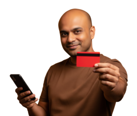 young indian man holding credit card and smartphone