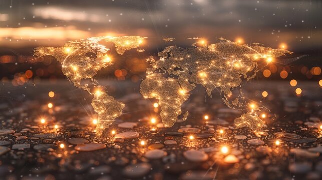 Futuristic digital world map highlighting global trade with glowing dollar signs and connections - Powered by Adobe