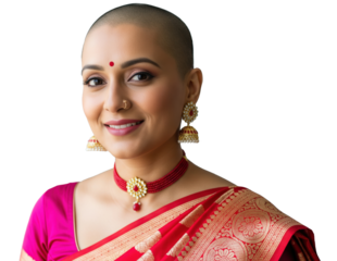 Bald woman in an elegant pink embroidered ethnic dress on against a warm peach background