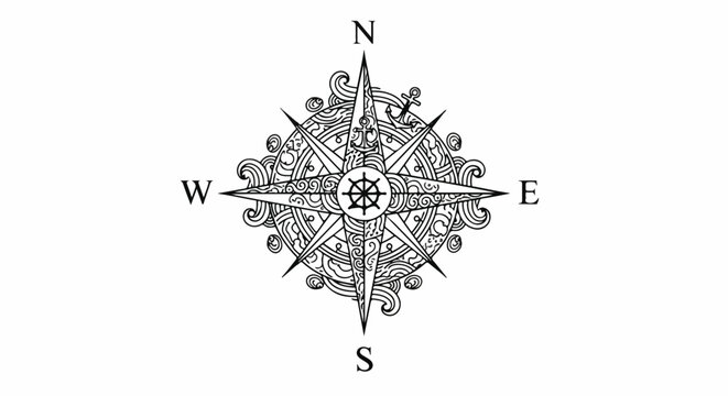 Intricate Black and White Nautical Compass Rose Sketch for Navigation and Cartography