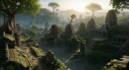 Ancient jungle ruins overgrown with trees, misty jungle landscape, lost civilization temple complex
