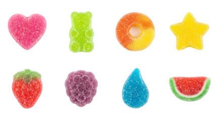 Gummy candy set including heart, bear, ring, star, strawberry, berry, drop, and watermelon shapes isolated. Sugary sweets and confectionery collection.