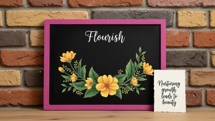Elegant magenta framed chalkboard featuring the word 'Flourish' adorned with delicate yellow floral illustrations