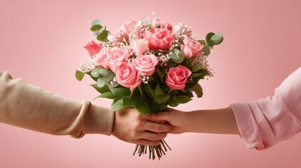 In a cozy setting, two hands reach out to share a beautifully decorated bouquet filled with vibrant flowers, symbolizing love and connection