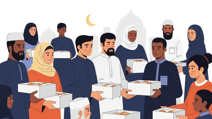 Generous Muslim community members share food boxes during a festive occasion, illustrating unity, cultural diversity, and charitable giving