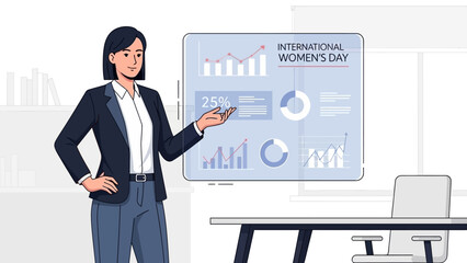 Confident businesswoman presents data analytics and statistics on a digital screen, celebrating achievements for International Women's Day