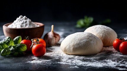 Fototapeta premium Raw pizza dough balls sit on a well-floured surface, surrounded by vibrant cherry tomatoes, fresh basil, garlic, and a bowl of flour, inviting culinary creativity in a cozy kitchen scene