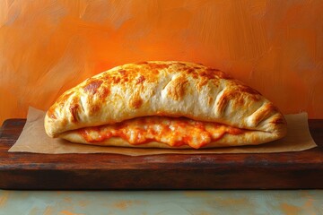 Delicious Italian pizza calzone with gooey cheese served on a wooden board against an orange corrugated background