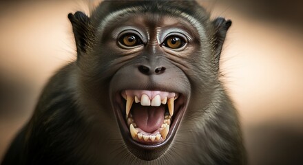 Close-up portrait of a macaque monkey with open mouth and sharp teeth, showing aggression or yawning.