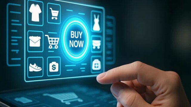 Finger Pressing Buy Now Button on Digital E Commerce Interface