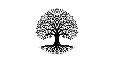 Obraz premium Intricate Black and White Tree of Life Silhouette with Deep Roots and Lush Leafy Canopy