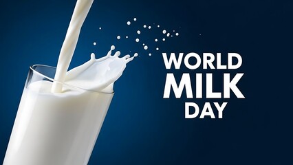 World milk day celebration with milk pouring into a glass, splash, and text on dark blue background