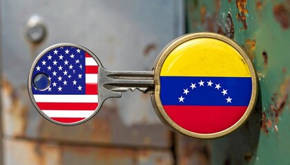 US key unlocking Venezuelan lock—symbol of influence.