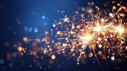 New Year's Eve banner for the holiday, bright fireworks and sparklers, twinkling lights and festive decorations on a deep blue background create a joyful celebratory atmosphere.