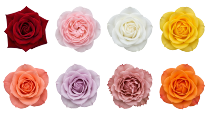Rose flower head set including red pink white yellow lavender and orange blooms isolated. Floral collection for wedding decor and gardening designs.