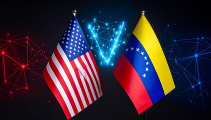 USA vs Venezuela flags with glowing V and digital tension.
