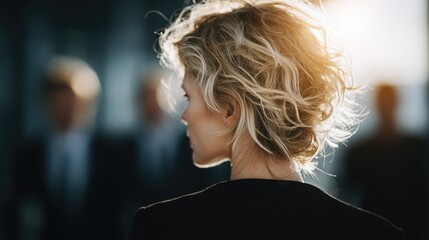 back view of woman, Confident businesswoman leading a diverse team meeting in a modern office with glass walls and natural light 