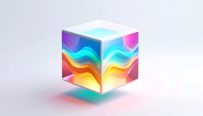 Transparent cube with colorful flowing design inside, on a white gradient
