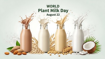 World plant milk day august 22 celebration with variety of plantbased milks splashing in bottles