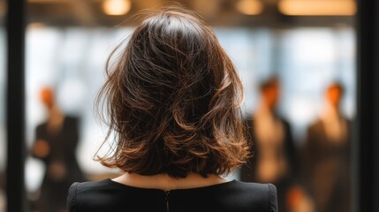 back view of woman, Confident businesswoman leading a diverse team meeting in a modern office with glass walls and natural light 