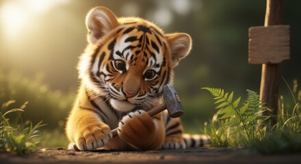 Cute tiger cub playing with a hammer and wooden toy in a sunny forest setting