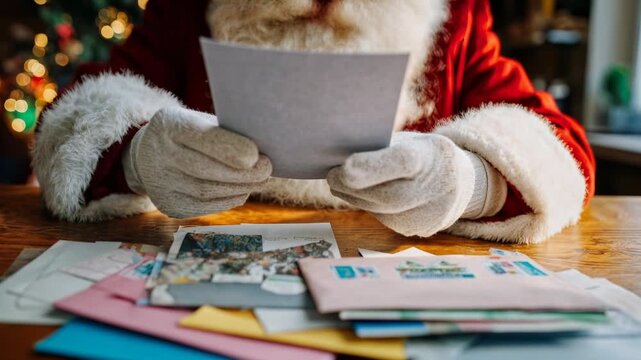 Traditional Santa in red coat sorts through colorful letters and envelopes on wooden table capturing warm nostalgic scene of reading childrens Christmas wishes