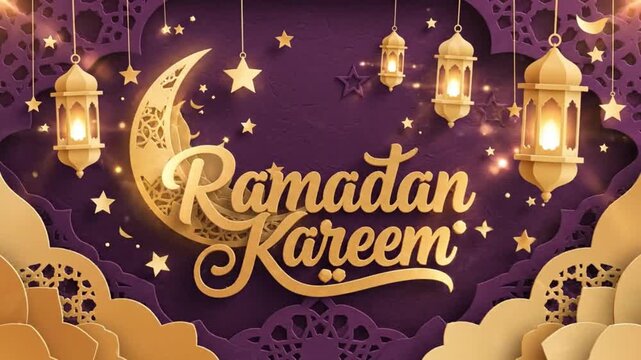 Ramadan Kareem Gold script near a layered moon  lamps on purple