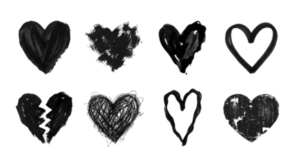 Black heart set including hand painted, scribbled, broken, and textured ink symbols isolated. Romantic and emotional design element collection.
