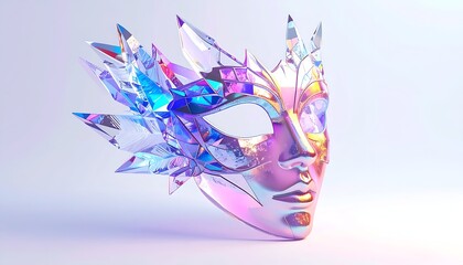 Iridescent crystal mask with jagged edges, resting on a white surface