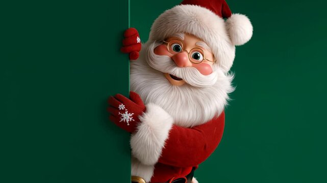 Cute cartoon santa with pom hat leans from green backdrop holding edge of blank panel creating playful christmas scene with space for fun text offers and seasonal branding