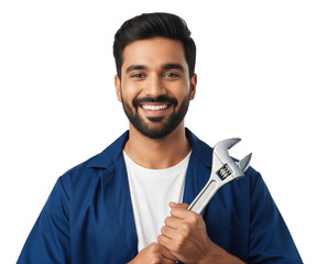 Young male mechanic in a blue uniform stands with arms crossed while holding a large wrench against a white background