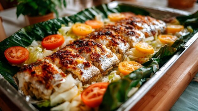 Rellenong bangus, a delightful Filipino dish, is beautifully arranged on a large tray, surrounded by fresh vegetables and garnished with bright slices of tomato and lemon