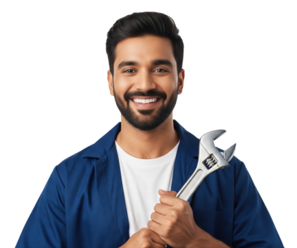 Young male mechanic in a blue uniform stands with arms crossed while holding a large wrench against a white background - Powered by Adobe