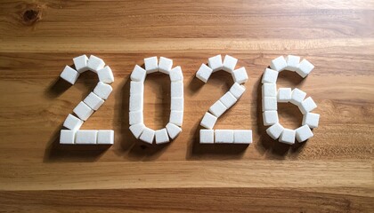2026 constructed from sugar cubes on wooden background