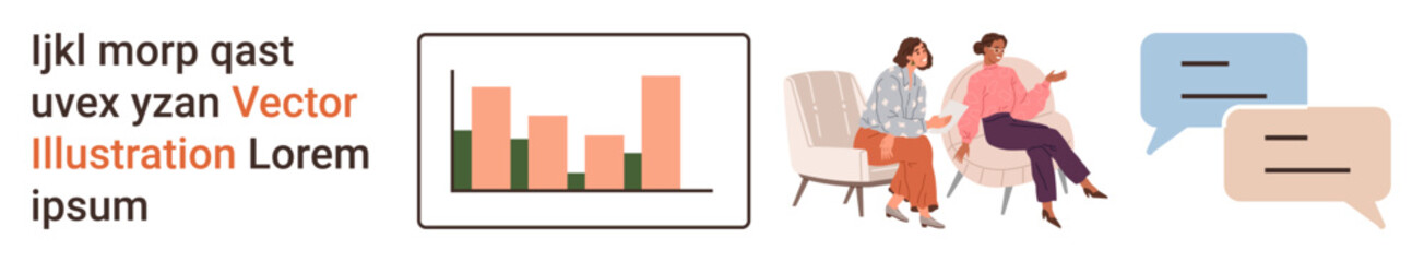 Obraz premium Data analysis, teamwork, communication, business strategy, statistical , workplace dialogue. Two people discussing near a chart and speech bubbles. Data analysis and teamwork concept