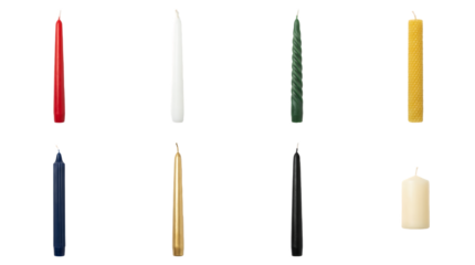 Assorted candle set including taper, spiral, ribbed, honeycomb, and pillar styles isolated. Decorative home fragrance and interior lighting collection.