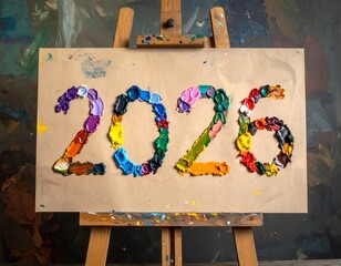 Year 2026 painted with colorful textured oil paints on canvas