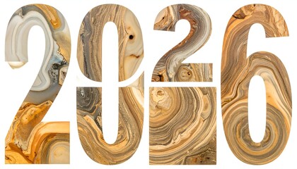 Numerical 2026 formation composed of swirled, earthy-toned textures