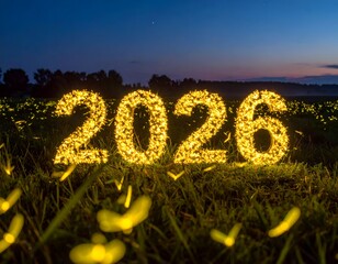 Illuminated "2026" made of fireflies glows on grassy field at dusk