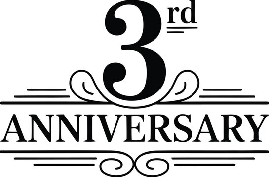 Elegant black and white graphic marking a special third anniversary celebration with decorative flourishes