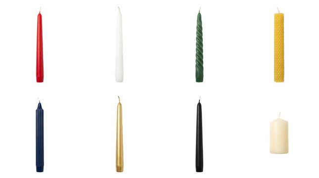 Assorted candle set including taper, spiral, ribbed, honeycomb, and pillar styles isolated. Decorative home fragrance and interior lighting collection.