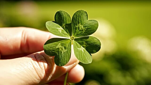 Lucky Find FourLeaf Clover Held in Hand Against Blurred Green Field.