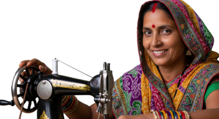 Rural Indian woman in a colorful traditional sari works intently at a black vintage sewing machine