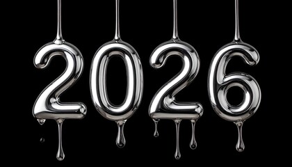 Chrome numerals of "2026" with liquid metal dripping against a black background