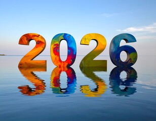 2026" year digits, colorful, reflecting in tranquil water against sky