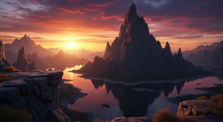 Epic mountain landscape at sunset with lake reflection, fantasy adventure scene