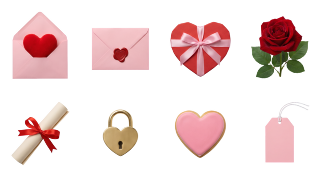 Valentine's Day romantic gift set including heart envelopes, red rose, chocolate box, gold lock, and cookie isolated. Love and anniversary stationery collection. - Powered by Adobe