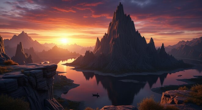 Epic mountain landscape at sunset with lake reflection, fantasy adventure scene - Powered by Adobe