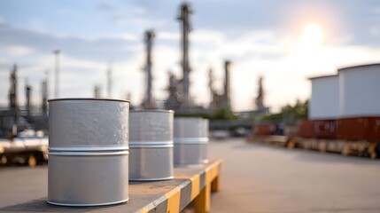 Oil barrels in front of an industrial refinery complex at sunset bathed in warm light